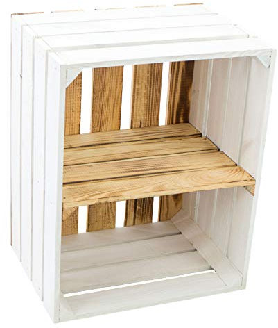 flambierte/geflammte Bücherregal - Schuhregalkiste mit Zwischenbrett/Mittelbrett Einlage ca 50x40x30cm / Apfelkisten Weinkisten Holzkisten aus dem Alten Land (Weiss FLAM Boden FLAM QUER)