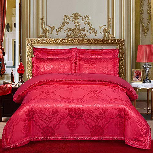 GAOXUE Bettwäsche,Jacquard Doppelbett Bettwäsche-Set, Durchbrochene Spitzenblätter, Kingsize-Bettbezug und Kissenbezug-Ziegelrot 18_200 * 230 cm (4 Stück)