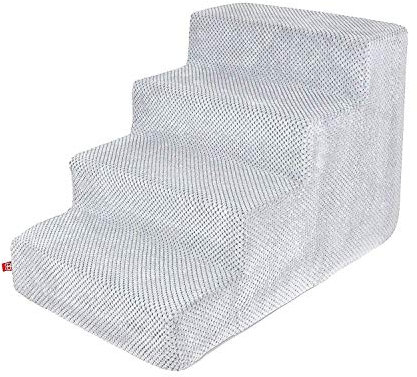 Hundetreppe 40 cm hoch | Katzentreppe Haustiertreppe | 4 Stufen | Hunde Katzen Haustier | für Bett und Auto | Trepp für kleine Hund | Plüschbezug | Farbe: Grau