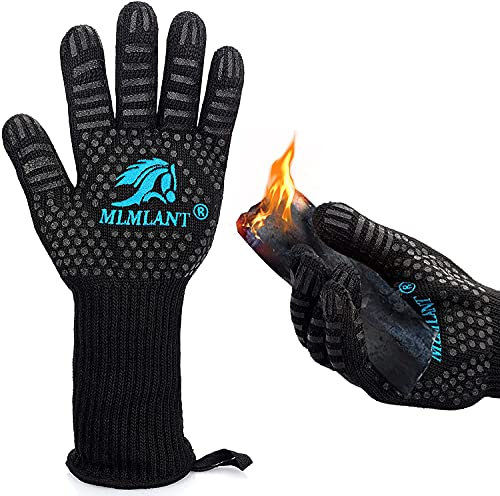 MLMLANT Paire de Gants de Barbecue résistants à la Chaleur pour Four jusqu'à 800 °C/1472 °F avec Certification EN407 pour Barbecue, Maniques Cuisine,Cuisson, soudage, Noir,Cheminee Anti Feu,1 Paire