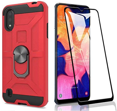 Cuoqing Samsung Galaxy A10 Case and 1 Screen Protector, Silicone Shockproof Hard Protective Phone Cover With Ring Stand for Samsung Galaxy A10,Red