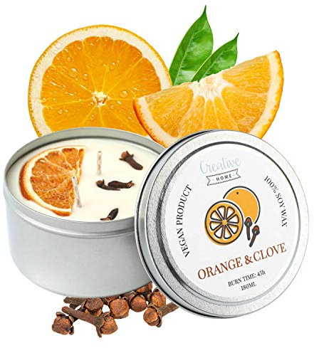 Creative Home Orange Nelken Sojawachs Duftkerze | 45 Stunden Brenndauer | 100% Vegan in Dose | 180 ml Bio Aromatische Kerzen | Geschenke Duftkerzen | Entspannungs Deko oder Candle Geschenk