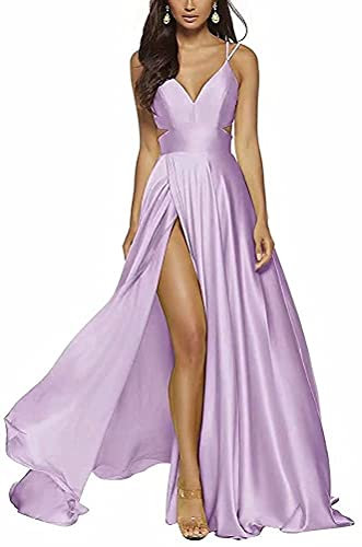 N/ C Ballkleid für Damen, hochgeteilt, lang, Satin, formell, Abendkleid, Ballkleid, Flieder, 36