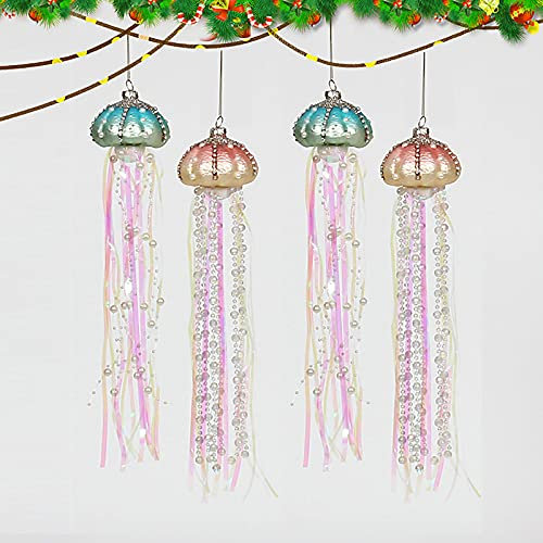 LEMCC 4 Stück Glas-Quallen Weihnachtsschmuck Küste Weihnachtsbaum Ornamente mit Perlen und Luftschlangen Glas hängende Ornament Dekor für Hochzeit Geschenk Weihnachtsbaum Dekor