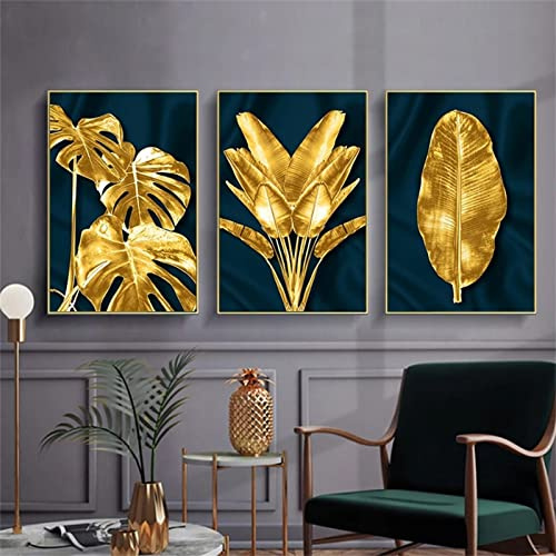 Quuzee 3er Pack 5D Diamant Painting Goldenes Monstera Blatt 30x40cm DIY Diamond Painting Kreuzstich Strassstein Stickerei Set Dekoration Geschenk für Erwachsene