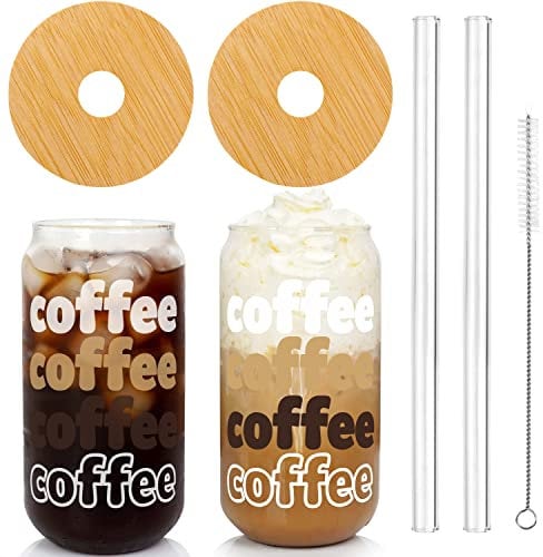 Iced Coffee Cup with Lids and Straw, ANOTION Beer Can Glass Bamboo Cover Straw 20 Oz Reusable Drinking Glasses Tumbler for Travel Office Home Ice Tea Margaritas Soft Drinks Juice, Brown