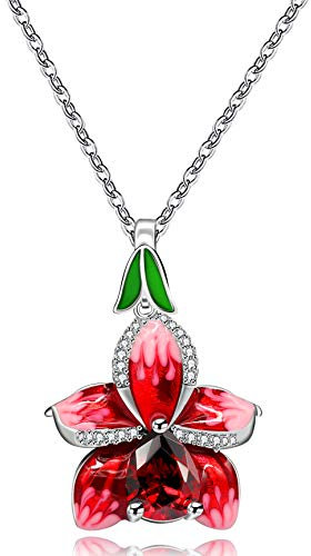 Uloveido Collana unica con ciondolo a forma di fiore rosa rossa smaltata Y563, Cristallo, Zirconia cubica