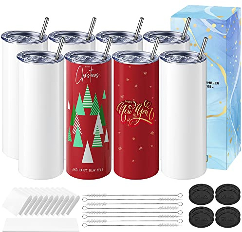 Hiipoo 8 Pack Sublimation Tumblers Blank 20 oz Straight Skinny with Sublimation Papers, Lids and Straws, Shrink Wrap Films, Stainless Steel Double Wall Insulated Tumbler for Mug Press Machine