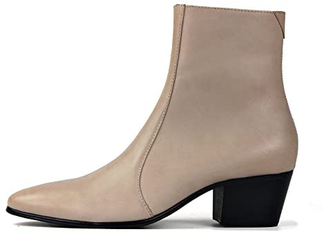OSSTONE Stivali Chelsea in Pelle Beige da Uomo - Tacco Alto, Scarpe da Abito Con Zip Laterale, Stivali da Cowboy Biker OS-JY051-12-R