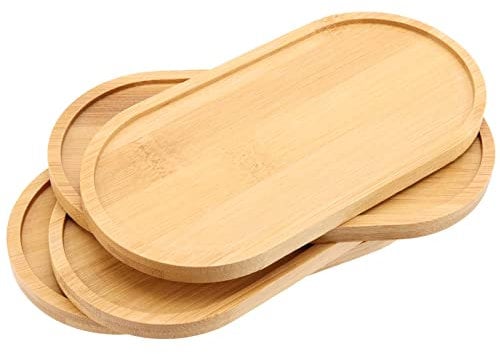 JEUIHAU 4 Pcs Bamboo Tray, Oval Wooden Trays, Large Round Wood Serving Tray for Display, Food Grade Oval Platters for Coaster, Fruits, Tea, Coffee, Desserts, 17.5 x 8.8 x 1cm