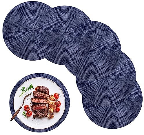 HPMAISON Blaue Runde Tischsets 6er Set, Polypropylen Geflochten Gewebt Tischsets Hitzebeständig Waschbar Küche Esszimmer Platzsets 6er Set für Zuhause, Restaurant Hotel, Outdoor, Party