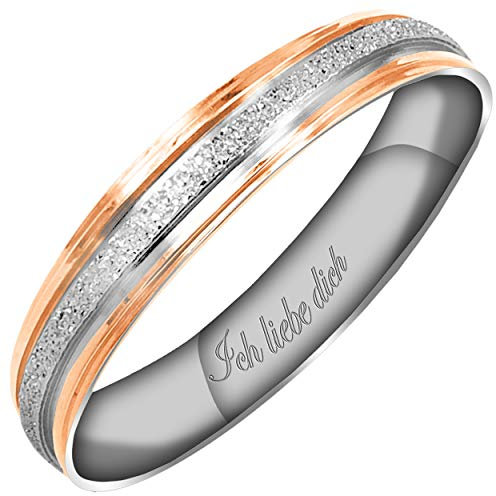 Everstone Damen Funkelnd 4MM Flach Partnerringe Trauringe Eheringe aus Titan Zweifarbig: Rotgold & Glitzerndes Silber Lasergravur Ich liebe dich