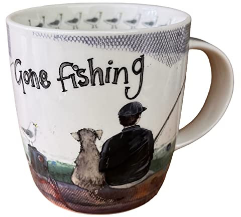 Alex Clark Gone Fishing Mug- Man & Dog - Original Artwork - Cup for Fishermen - Gift Ideas - Perfect for Coffee & Tea - Vegan Friendly - Designed in The UK...