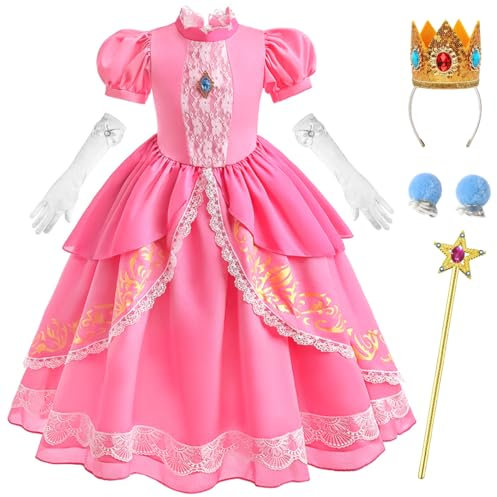 ZaisuiFun Prinzessin Peach Kostüm Mädchen Prinzessinnenkleid Kinder Pfirsich Kleid für Halloween Weihnachten Karneval Cosplay mit Zubehör, 98-104(Etikett 100)