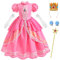 ZaisuiFun Prinzessin Peach Kostüm Mädchen Prinzessinnenkleid Kinder Pfirsich Kleid für Halloween Weihnachten Karneval Cosplay mit Zubehör, 98-104(Etikett 100)
