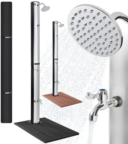 Arebos Solardusche 37 Liter & Bodenelement Anthrazit | mit integriertem Thermometer | runder Duschkopf | mit Gartenschlauch-Anschluss & Fußdusche | inkl. Montagematerial & Abdeckhaube |Silber-Schwarz