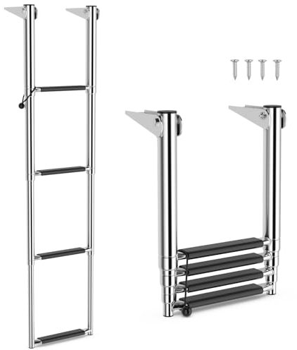 COSTWAY 3/4-Step Telescoping Boat Ladder, Folding Stainless Steel Swim Dock Ladder with Non-slip Steps, Heavy Duty Boat Boarding Ladder (4-step, without Platform & Handrails)