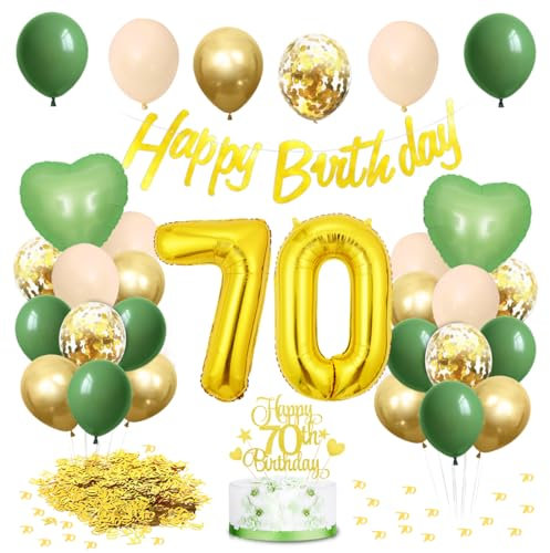 70. Geburtstag Deko Salbeigrüne, Grün Gold Luftballon 70. Geburtstag mit Happy Birthday Girlande und Tortendeko, Grün Gold Ballons für 70 Jahre Geburtstagsdeko Frau Männer