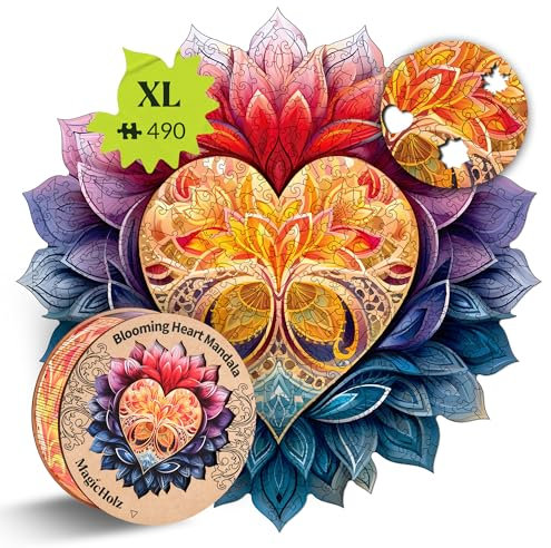 MagicHolz – Holzpuzzle Mandala Blühendes Herz – rundes Holz Puzzle Ø 47 cm – besondere Geschenkidee für Erwachsene & Kinder – inkl.Premium Holzbox