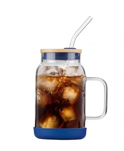 Vialli Design Glasbecher mit Deckel und Strohhalm 600 ml, Fuori Kollektion, Gläser, Glasgefäße, Trinkgläser, Cocktailgläser mit Glasstrohhalm für Eiskaffee, Smoothie, Dunkelblauen Elementen