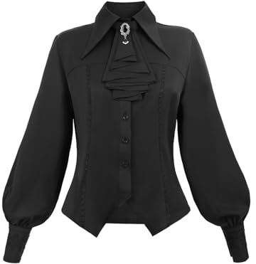 Fiamll Viktorianische Bluse Damen Schwarz Gothic Bluse Langarm Taillenhemd Vintage Revershemd Damenbluse mit Jabot & Broche L