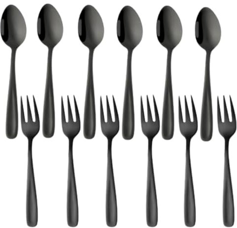 TEAHAHA 5.4 inch Stainless Steel Teaspoons Espresso Spoons and Dessert Forks Set, Set of 12,6 Forks and 6 Spoons, for Salad, Appetizer, Cake,Fruit (Black)