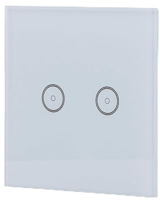 Interruptor Táctil WiFi Inteligente Doble Bidireccional en Blanco. Compatible con Alexa y Google Home para controlar iluminación de manera más práctica y moderna.