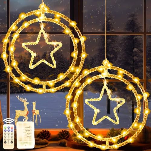 Dekofun Weihnachtsdeko Fenster 2 Stück LED Weihnachtsbeleuchtung Batteriebetriebene mit Timer, Weihnachtsstern Fenster Lichterkette Wasserdicht Stern Beleuchtet für Balkon Baum Aussen Innen Deko