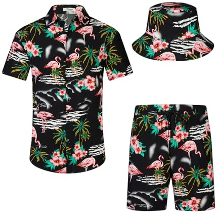 SPKPKEY Ensemble de 2 chemises hawaïennes et shorts pour homme - Chemise décontractée boutonnée - Tenue de plage d'été avec chapeau cloche