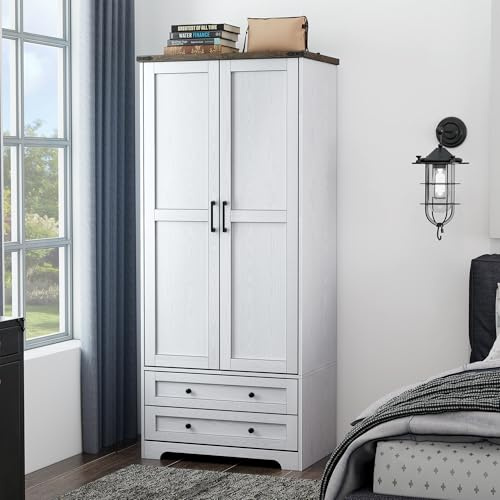 Yechen 71 Wooden Armoire Wardrobe Closet with 2 Doors & 2 Drawers, White