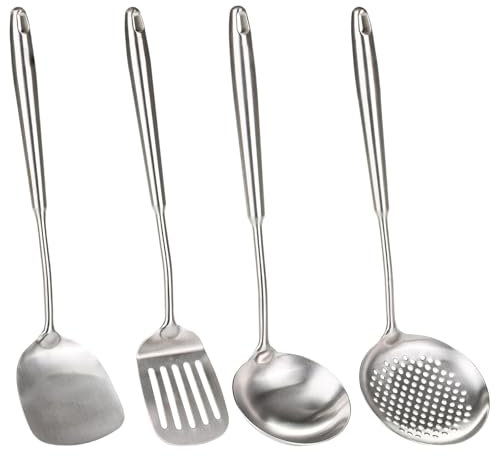 Felenny Set of 4 Stainless Steel Cooking Spoons, Wok Spatula and Skimmer, Long Soup Ladle, Slotted Spoon Strainer, Stainless Steel Chinese Wok Pan Utensils for Cooking Baking