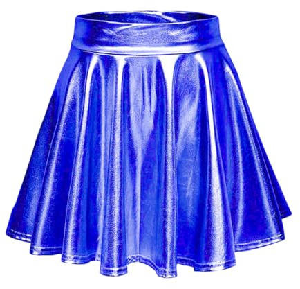 Aurasky Metallic Rock Damen, Rock Blau Metallic, Damen Glänzend Metallisch Mini Rock, Stretch Faltenrock für Karneval Fasching Cosplay Party