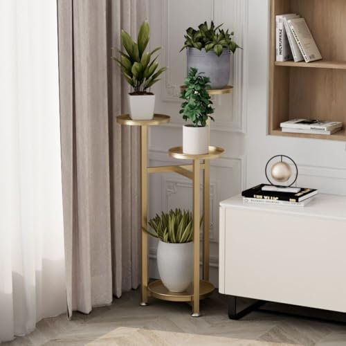 Glorlliant 4 Etagen Blumenregal Pflanzenregal, 80cm Blumenständer Metall Blumenhocker, Pflanzenständer Gold, Blumenbank Blumentreppe Pflanzentreppe, Anti-slip Standregal für Innen, Garten, Balkon,Deko