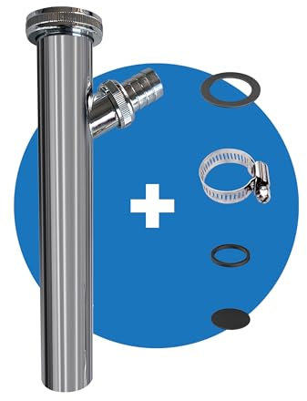 FEINER® Edelstahl Universal Verstellrohr Abflussrohr 1 1/4 Zoll x 200 mm x Ø 32 mm Tauchrohr mit Geräteanschluss, Rohr für Waschbecken Siphon an Wasch,- Spülmaschine verchromt + Gratis-Schlauchschelle