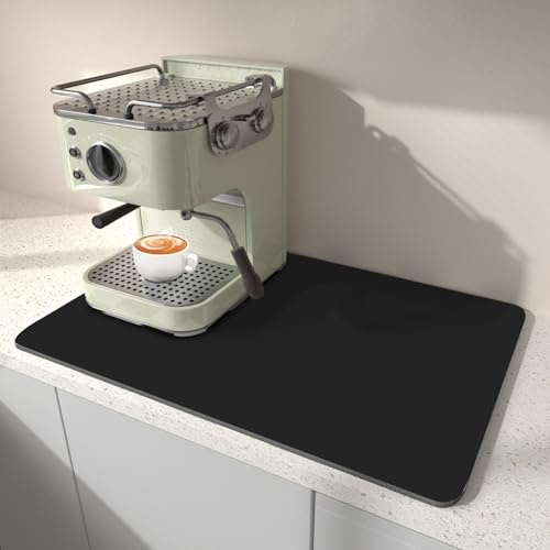 BLESWIN Dish Drying Mat for Kitchen, 40 x 45CM Coffee Bar Mats for Countertop Fit Under Coffee Maker, Hide Stain Rubber Backed Espresso Machine Absorbent Drying Pad, Black