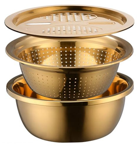 Stainless Steel Colander Set, 3PCS/Set 11 Dia. Gold Strainer, Basin and Grater for Washing, Rinsing, Shredding