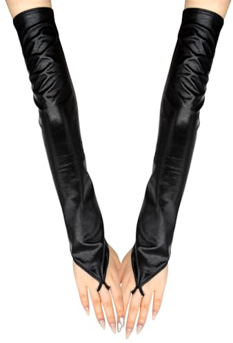 Long Keeper Leder Handschuhe Ohne Finger Damen Lange Fingerlose Handschuhe Ellenbogenlang Kunstleder Sexy Lederhandschuhe für Halloween Tanzen Party Kostüm (Schwarz)