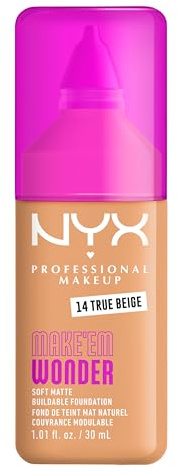 NYX Professional Makeup Make 'Em Wonder Foundation, 24H Soft Matte Aufbaubare Foundation, Mit hoher Deckkraft, Mattes Finish, 14 True Beige