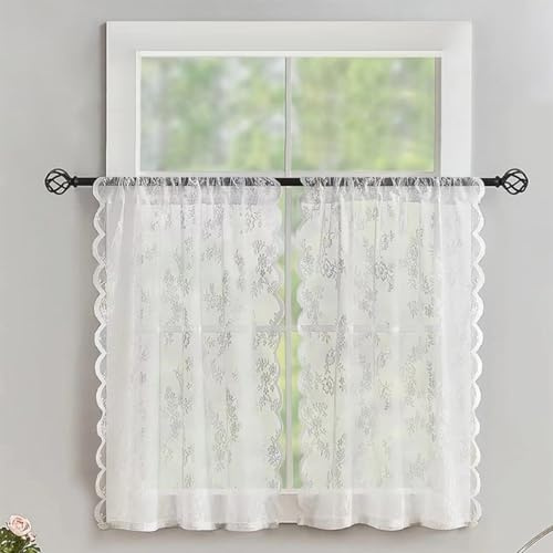 Devola Scheibengardine Spitze Kurzgardine 2er Set HxB 100x75cm Weiß | Bistrogardine Blumenmuster, Romantisch Gardinen Landhaus, Halbtransparent Küchenvorhang für Badezimmer Klein Fenster 2 Stück