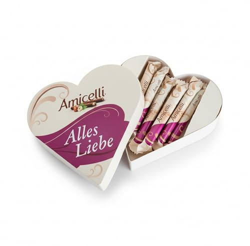 Amicelli Herz, 11 Waffelröllchen mit Haselnusscreme, das perfekte Geschenk für Schokoladenliebhaber, jetzt Liebe verschenken, 1x 137 g