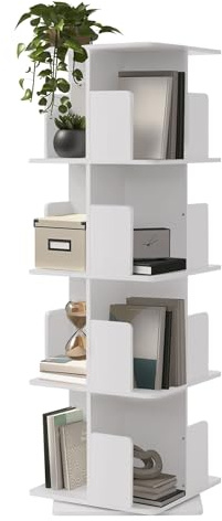 ML-Design Drehbares Bücherregal Kinder mit 4 Ebenen/16 Fächer, Weiß, 40x124,5x40 cm, Standregal freistehend, Drehregal 360 Grad, Spielzeugregal Dekoregal, Lagerregal für Wohnzimmer Büro & Kinderzimmer