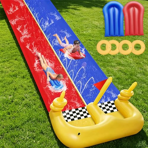 Otenu 30FT Lawn Water Slide and 2 InflatableBoards 4 Ring Toss, Extra Long Double Lawn Splash Mat Pad with Sprinkler forKids Adults Backyard Summer WaterToy Outdoor Fun Carnival Game