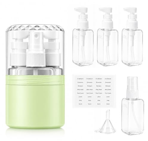 Pwsap 4 in 1 Reiseflaschen zum Befüllen, 4 in 1 reisespender, Flugzeug Reise pumpspender Set Mit Etikettenaufklebern, Reiseset Stabil Wasserdicht Auslaufsicher Für Reise 50ml (grün)