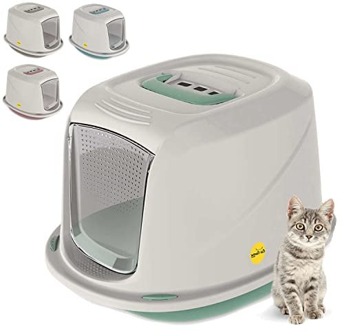 CAT CENTRE Medium Green Cat Hooded Litter Tray Extra Deep Kittens Small Cats Toilet Enclosed Box Pan Loo Filter Flap Door Detachable Rim Rounded Corners Safe Durable Galaxy Carry Handle