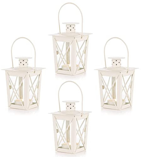 NUPTIO Lot de 4 mini lanternes décoratives vintage en métal blanc et photophores LED pour fête d'anniversaire, mariage, centre de table