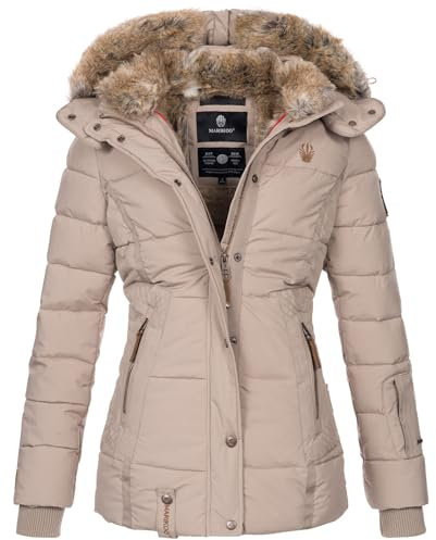 MARIKOO warme Damen Winter Jacke Winterjacke Steppjacke gefüttert Kunstfell B658 [B658-Nek-Taupe-Gr.M]