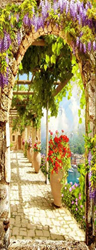 A.Monamour Türtapete Selbstklebend Türfolie Türposter 3D Alter Italienischer Architektur Bogen Balkon Blick Dem Garten Mit Blumen Vinyl Folie Türdeko Tapete Wandbild Türaufkleber Türtattoo 90 x 200 cm