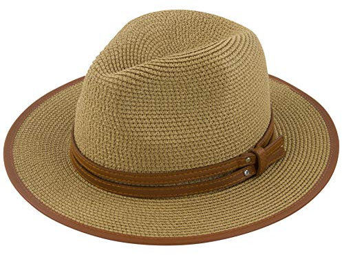 Muryobao Chapeau de paille Panama pliable Fedora pour femme à large bord UPF50+ - jaune - Taille unique