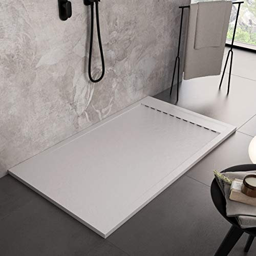 Luminosa ArredoBagno Plato de ducha de resina 130 x 70 cm, efecto piedra antideslizante con gel – Modelo Luxury Blanco – Rejilla de color liso y pileta incluidas