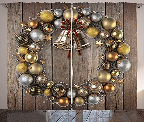 ABAKUHAUS Natale Tenda, Baubles su legno rustico, Casa Arredamento Elemento Distintivo Due Pannelli Set, 280 x 245 cm, Caffè color terra d'ombra